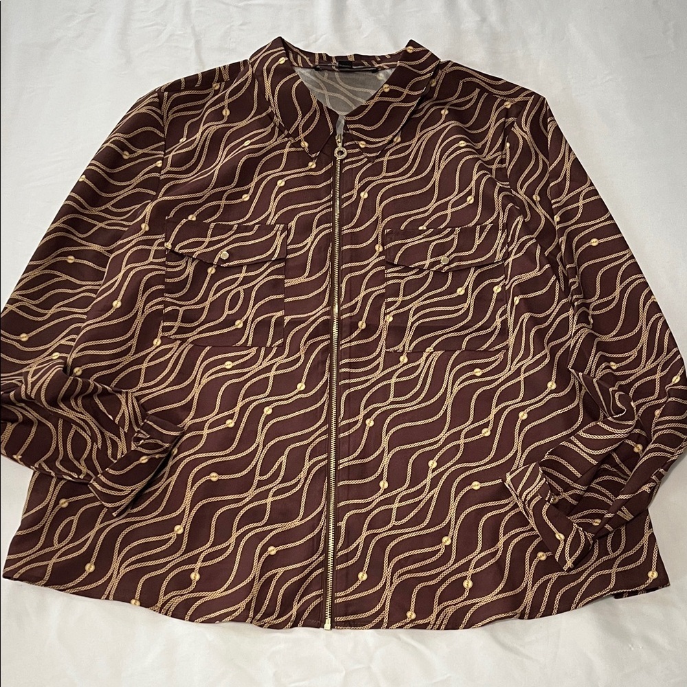 Marc New York Chain Print Zip Front Long Sleeve Blouse